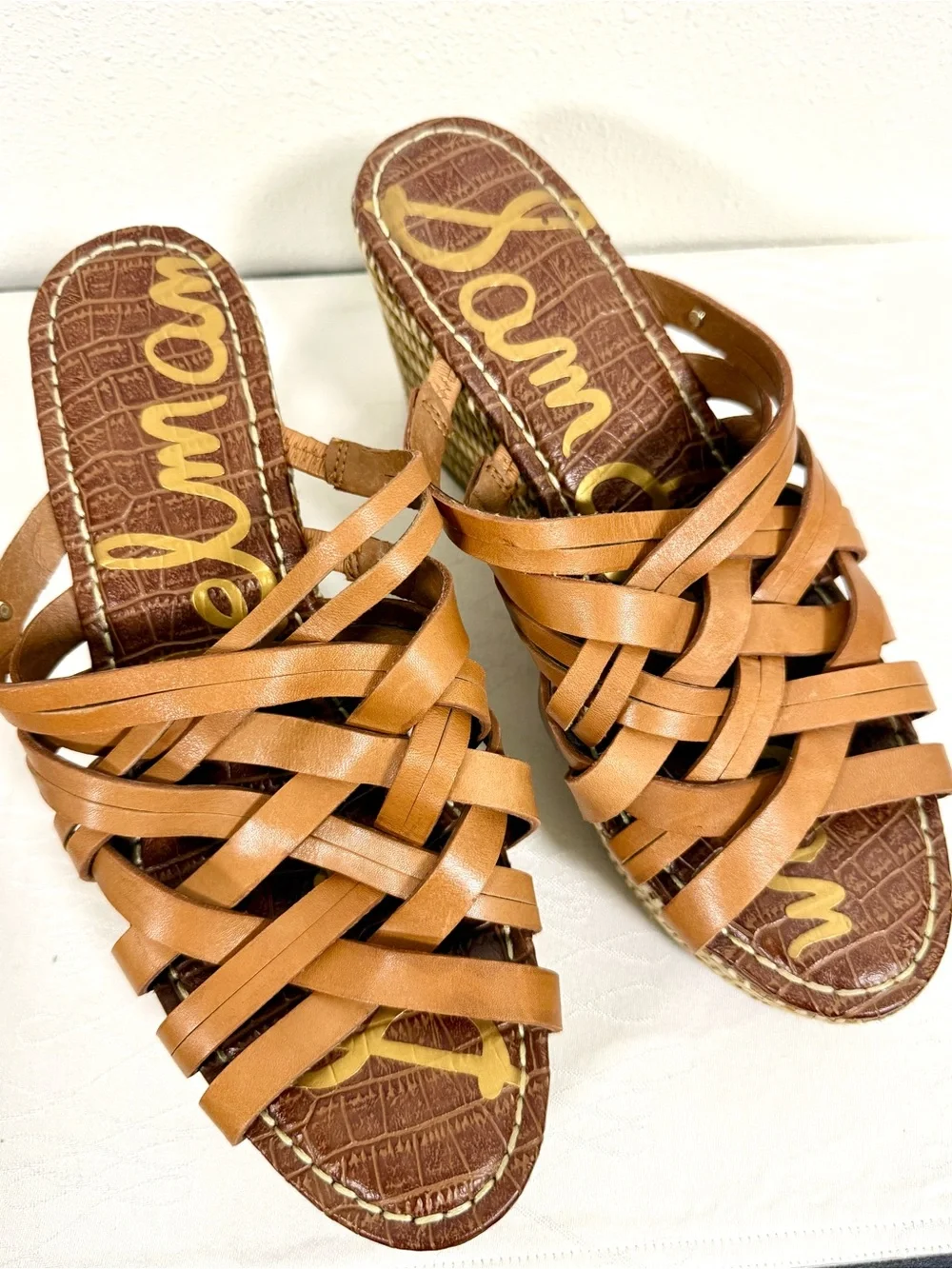 Sam Edelman Leather Espadrille Wedge Sandals 8.5 Tan Strappy Platform